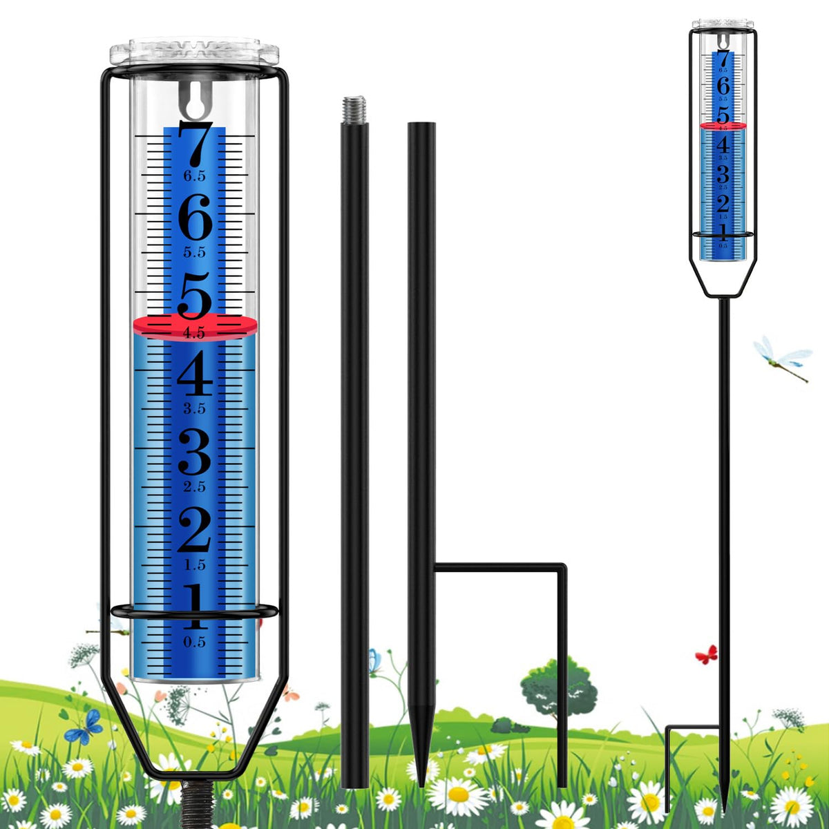 FINEST+ Upgraded Rain Gauge, 7" Freeze Proof Rain Gauge Outdoor Best Rated, Large Clear Numbers and Adjustable Height Rain Measuring Tool for Garden, Lawn and Farm