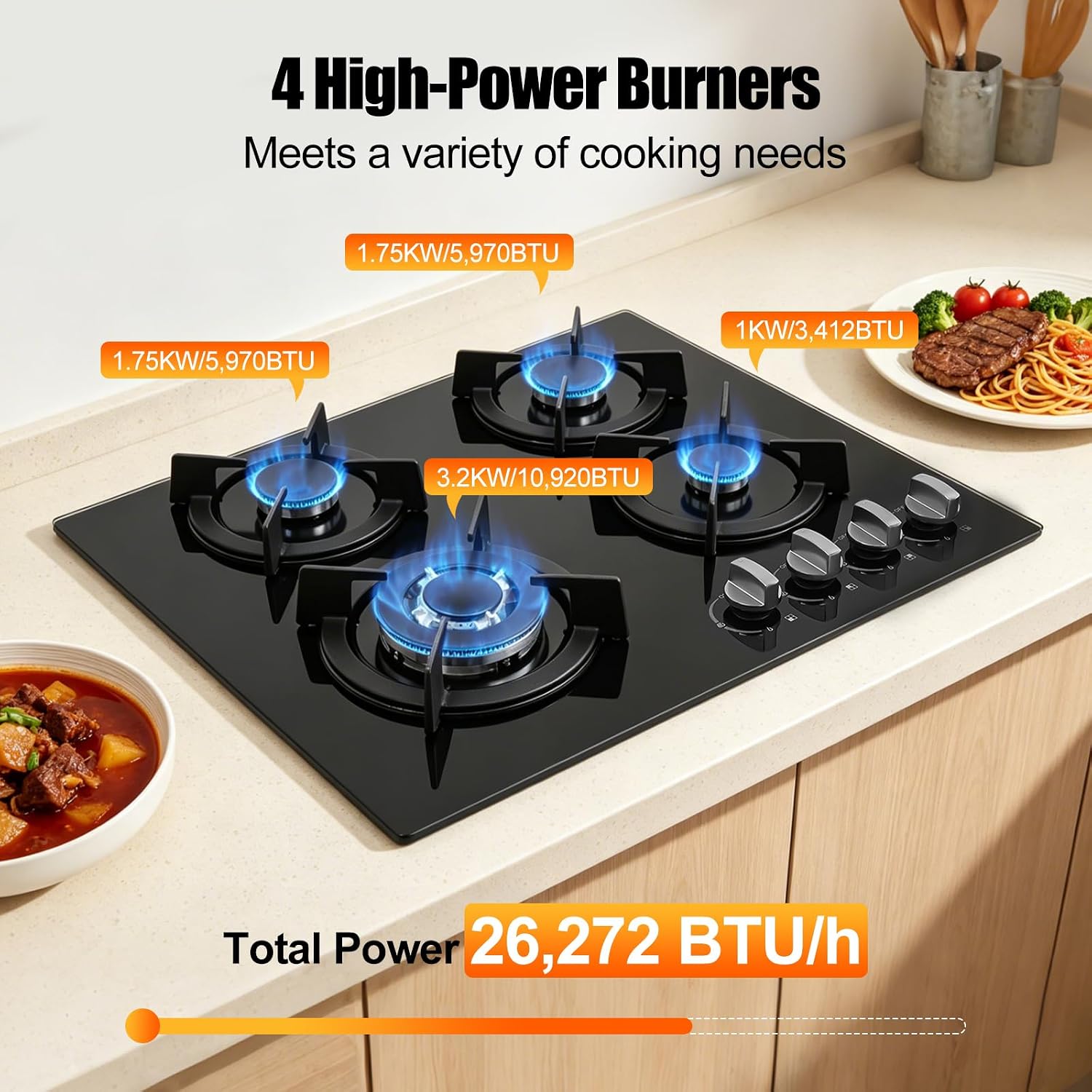 4 Burner Gas Cooktops, Built-in Countertop Gas Stove NG/LPG Tempered Glass Electronic Ignition Hob with Tempered Glass Panel for Home Kitchens, Restaurants，RV and Outdoor Use