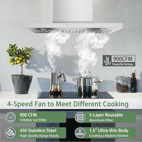 ONEEON 30" Range Hood - 900 CFM Stainless Steel Wall Mount Kitchen Exhaust