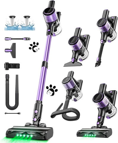 Cordless Vacuum Cleaner, 10 in 1 Stick Vacuum with Powerful Suction, Hose, Green LED Light, Anti-Tangle Brush, Lightweight Rechargeable Vacuum Cleaner for Home, Hardwood Floors,Pet Hair (Purple)