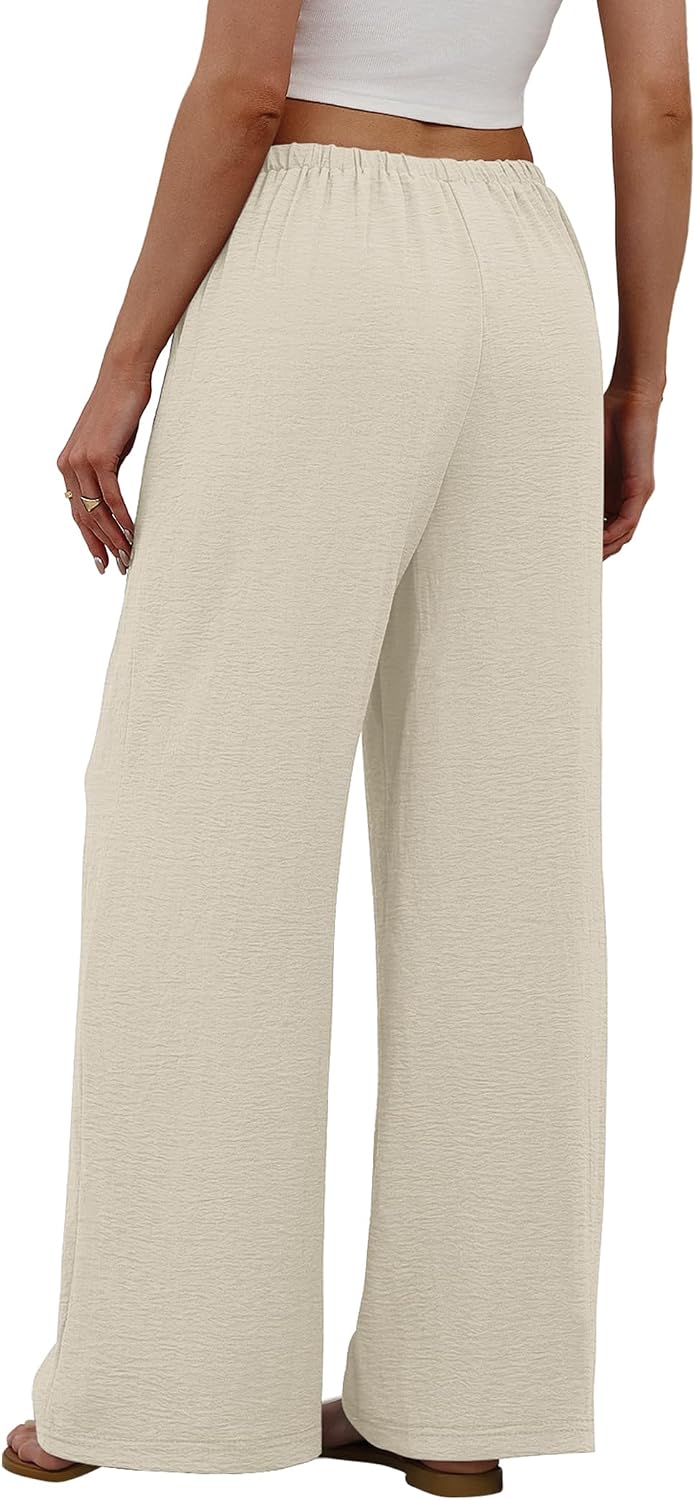 Sampeel Wide Leg Pants for Women Flowy Palazzo Drawstring Elastic Waist Trousers with Pockets Summer Beach Vacation Clothes
