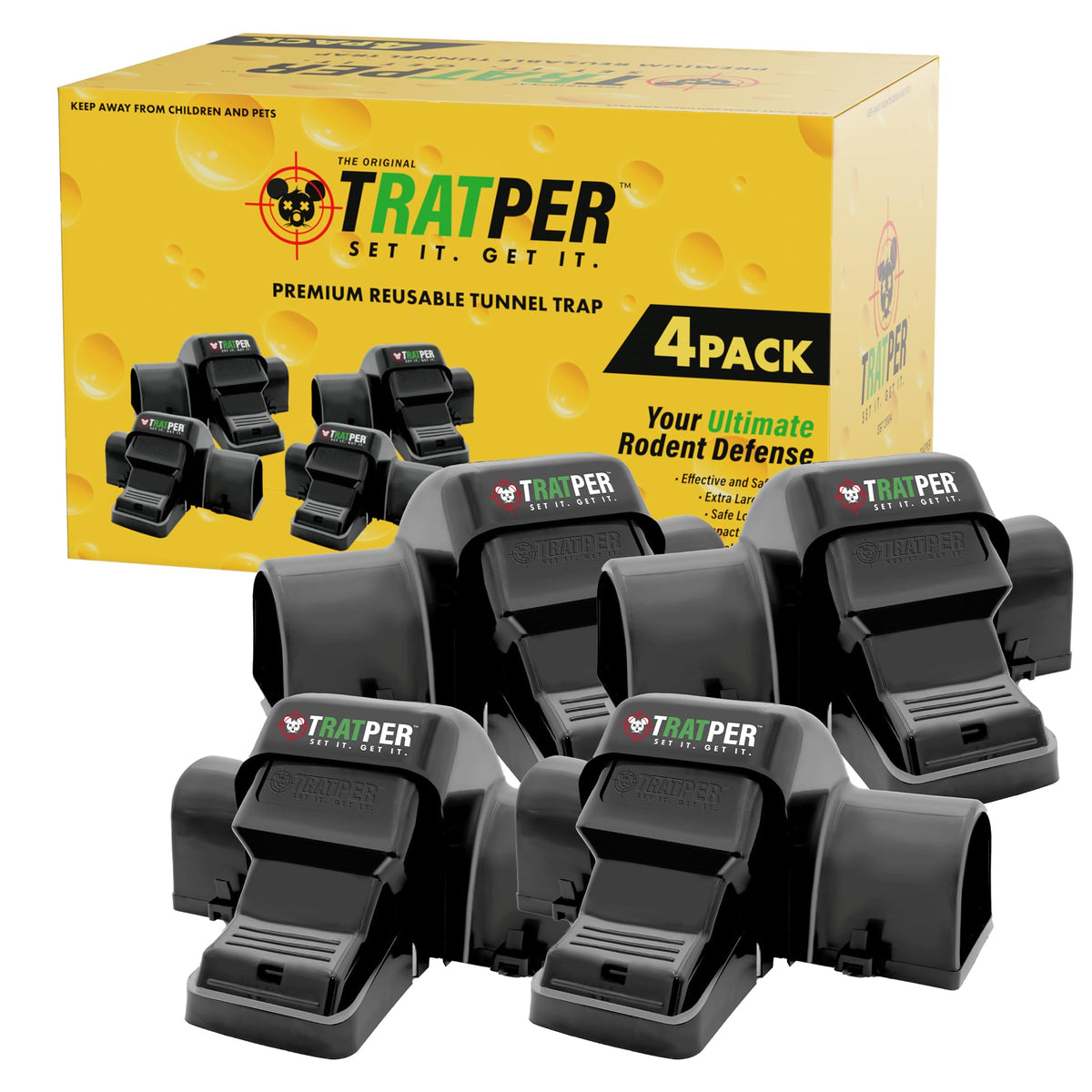 Tratper Rat and Chipmunk Traps. Prevents Accidental Triggering with Dual Tunneled Design. Covered Snap Traps for Humane Kill, Reusable, Pest Control for Rats, Indoor & Outdoor Use. 4 Pack