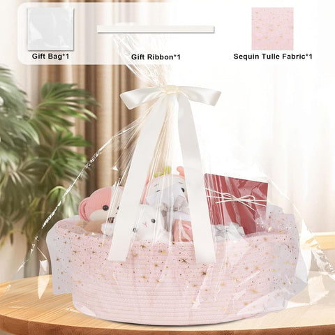 OIAHOMY Large Gift Basket Empty 17" x 12.6" x 7", Storage Basket with Gift Bag, Ribbon and Glitter Tulle for DIY Anytime, Toy Storage for Kids, Dogs with Handles in A Stylish Design - Pink