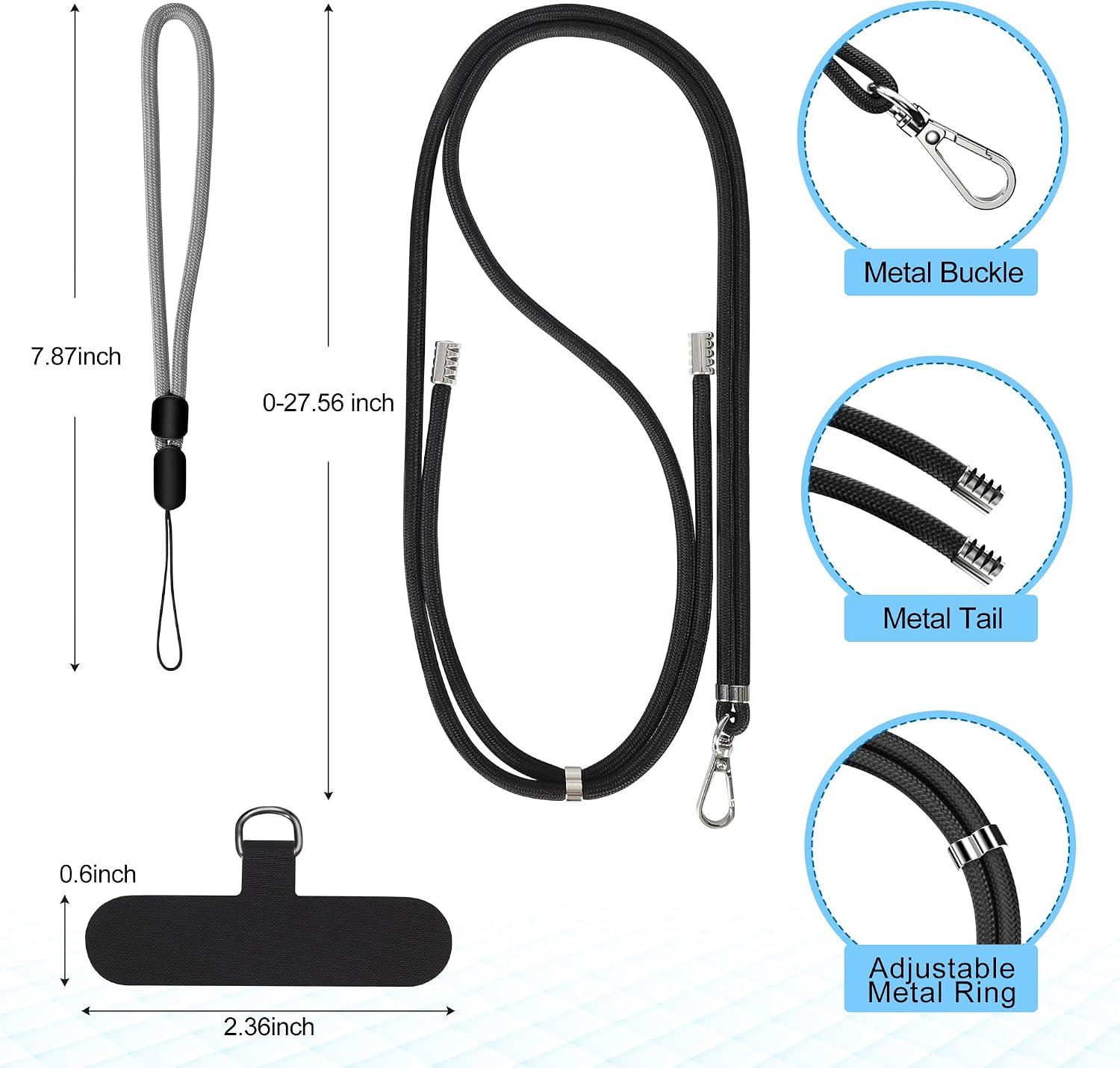 takyu Cell Phone Lanyard, Crossbody Phone Lanyard Adjustable Neck Strap and 2 Pack Phone Wrist Strap with Phone Tether Patches for Most Smartphones-2Black+Grey