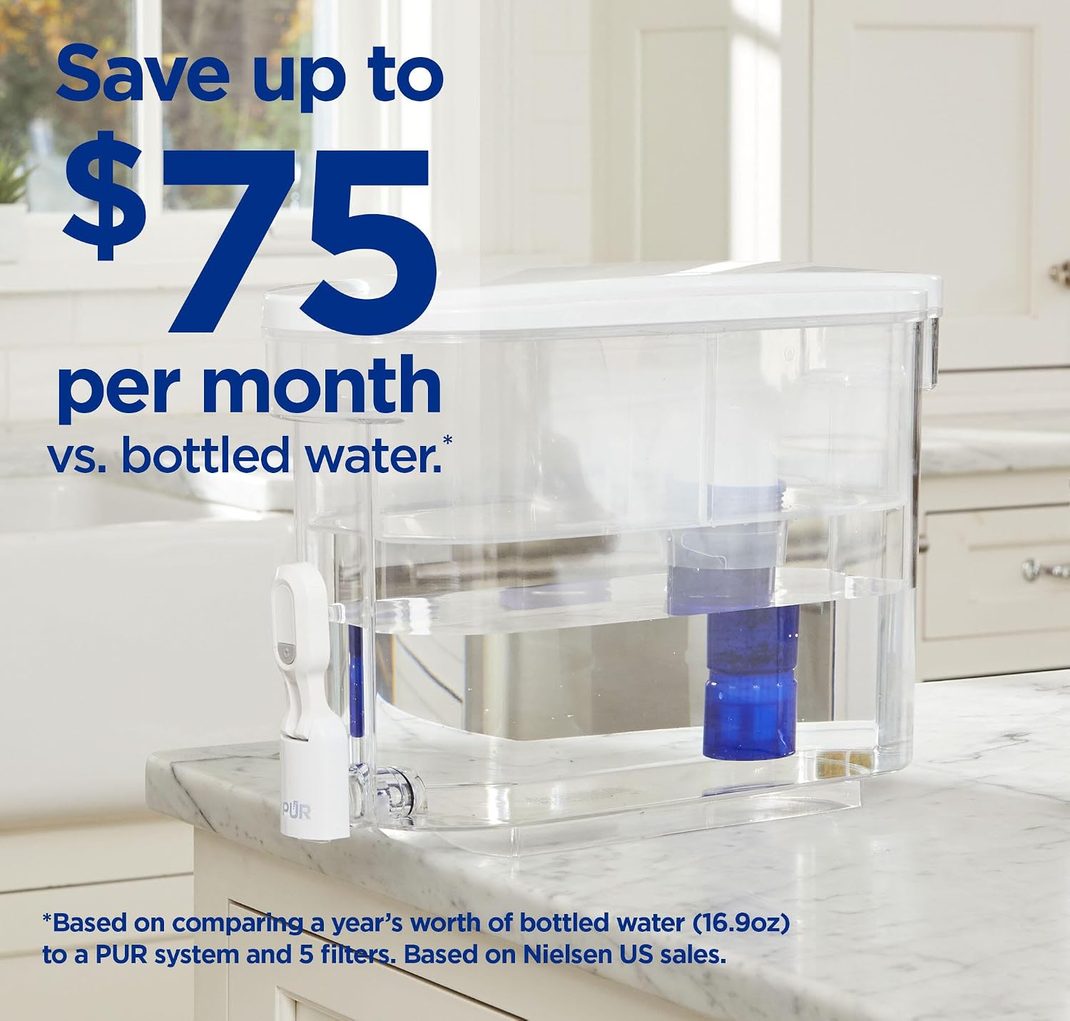 PUR Plus 30-Cup Water Filter Dispenser with 1 Lead-Reducing Filter, Blue