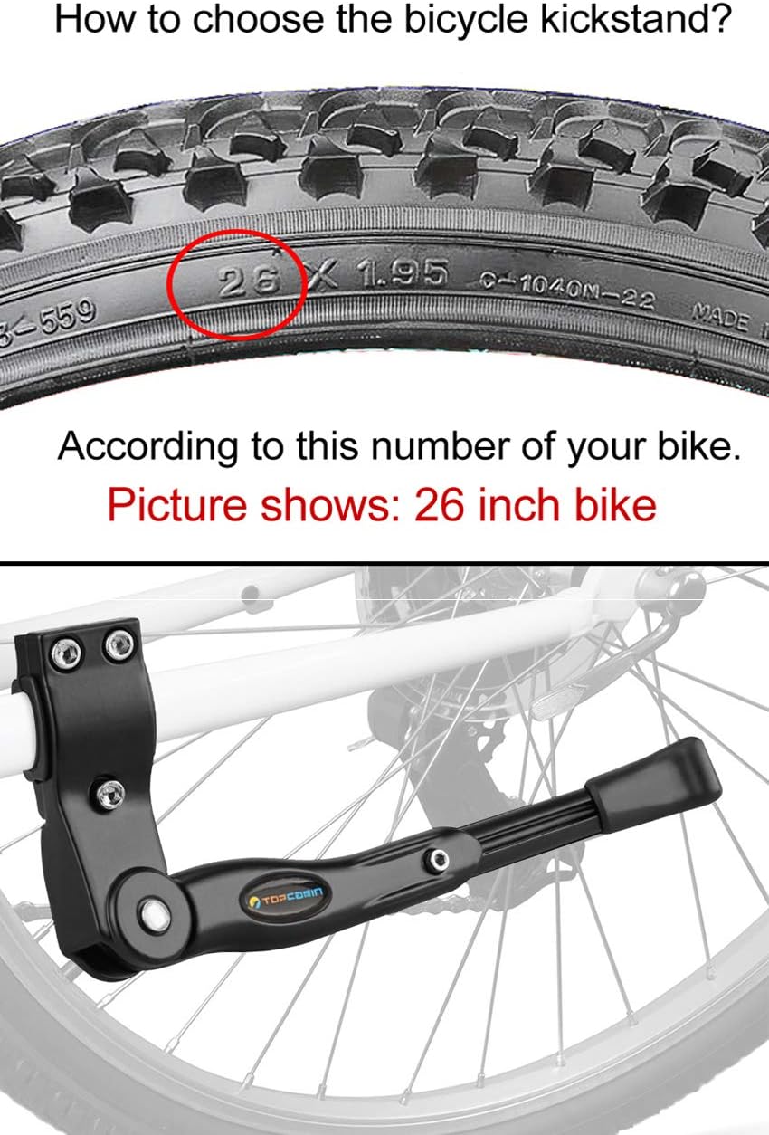 TOPCABIN Bike Kickstand Adjustable Aluminium Alloy Bicycle Kickstand Bike Side Kickstand Fit for 22" 24" 26" 28" Mountain Bike Road cycling/BMX/MTB (Black for 22-24-26-27-28 inch bike)