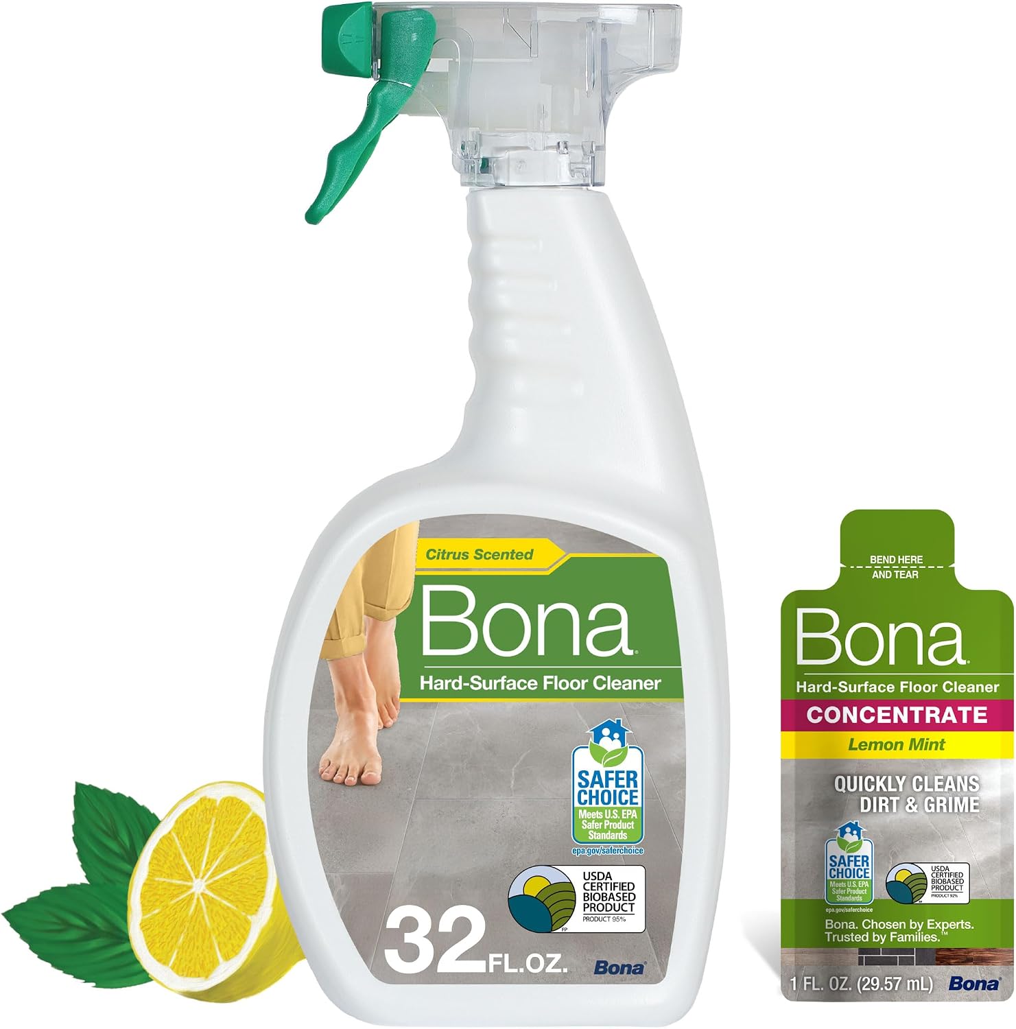 Bona® Multi-Surface Floor Cleaner Spray - 32 fl oz - Lemon Mint - Includes Filled Bottle + Concentrate Refill for Multi-Surface Floor Cleaning