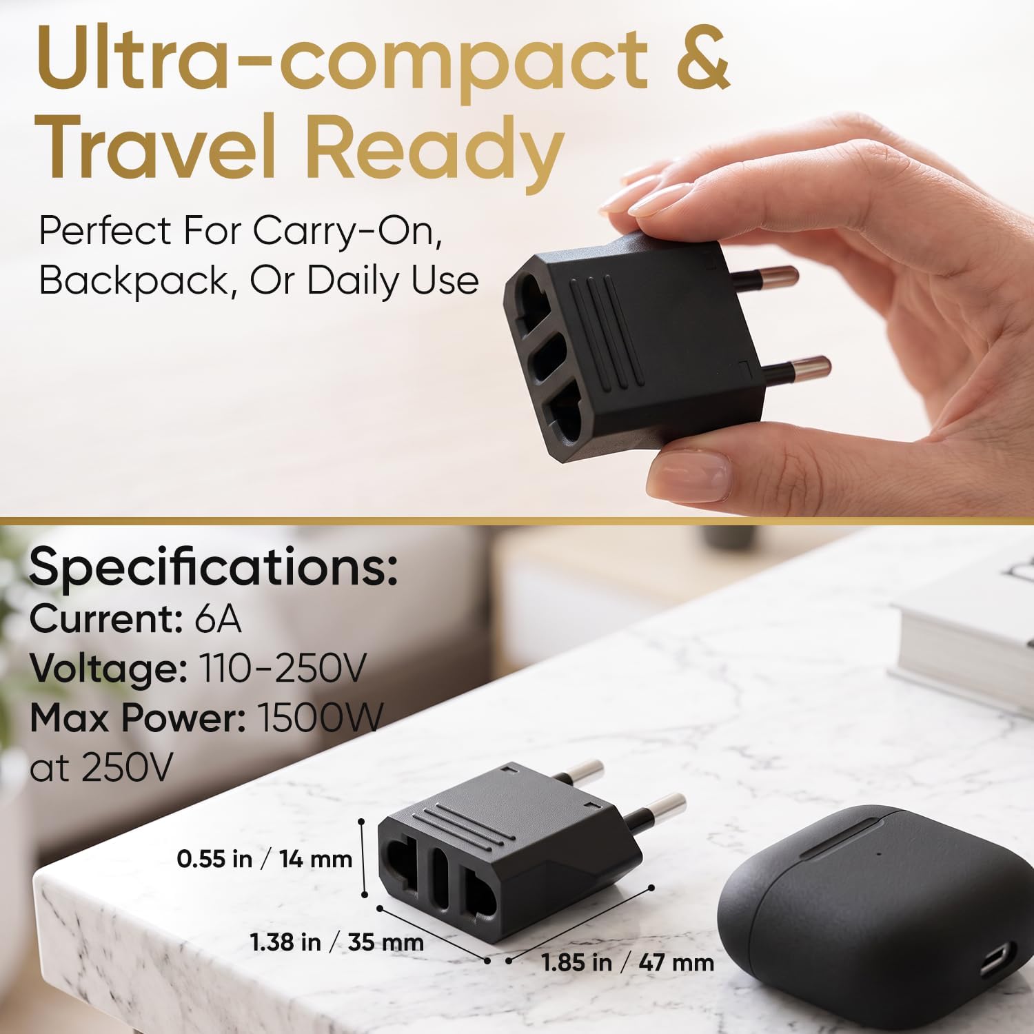 Unidapt Italy Travel Plug Adapter, US to Europe Type C Pin, 4 Pack, Black