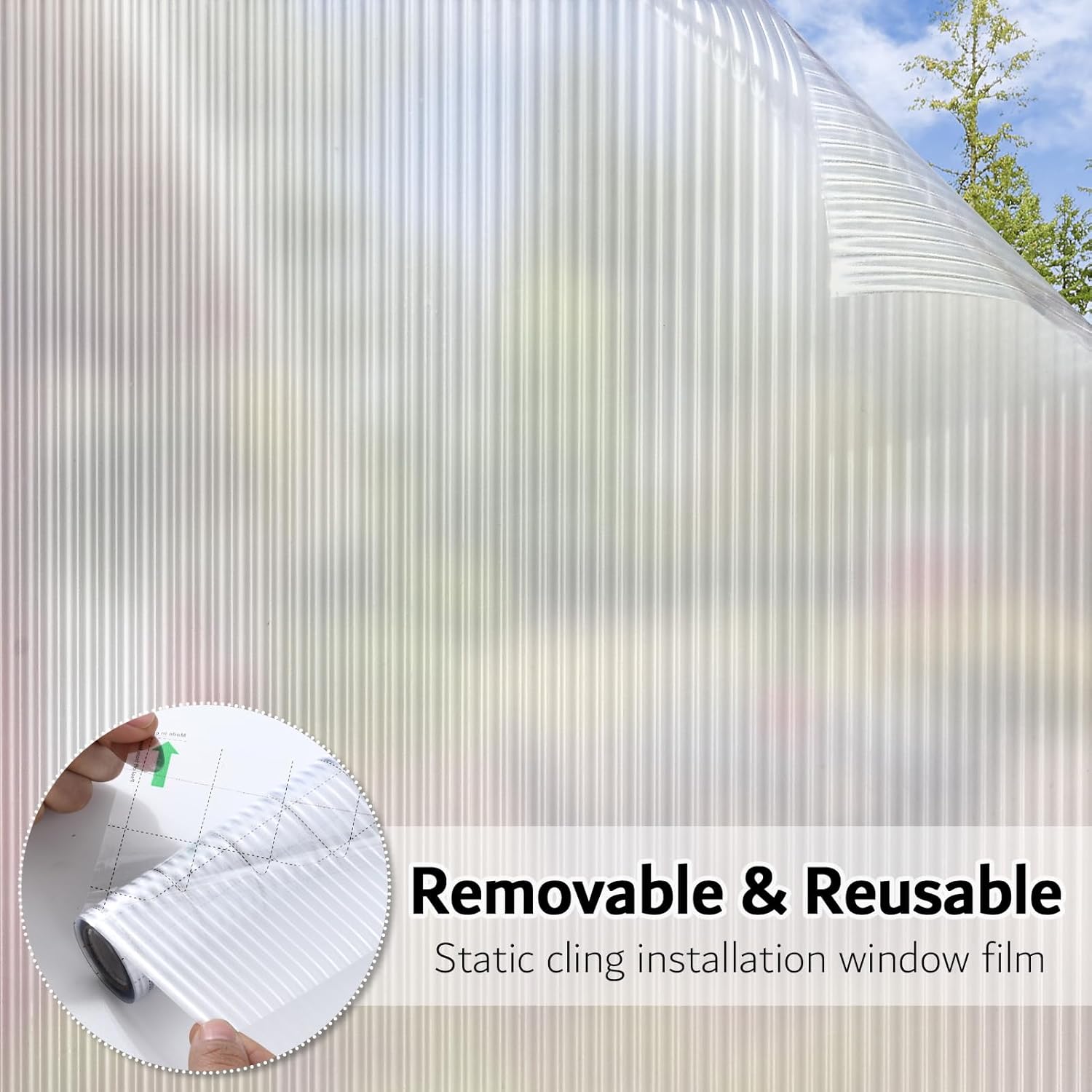VELIMAX Reeded Glass Window Film, Window Privacy Film, Frosted Window Vinyl, 3D Decorative Decals Non Adhesive for Bathroom Living Room 17.7x78.7 inches