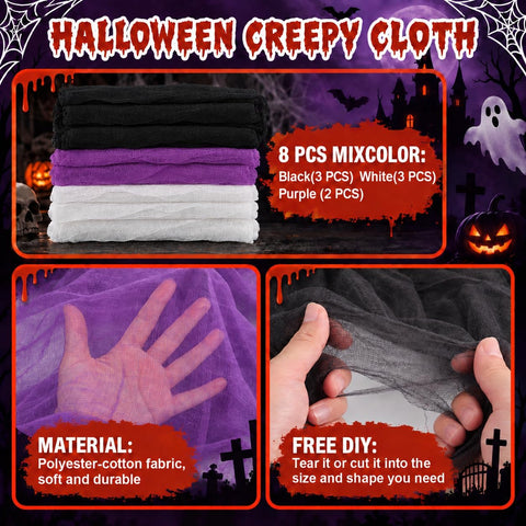 AHEONLAR 8 Pack Halloween Creepy Cloth 30x72 Inch Spooky Fabric Cloth Indoor Outdoor Halloween Decorations for Party Supplies, Home Wall, Doorway, Yard (3 Black, 3 White, 2 Purple)