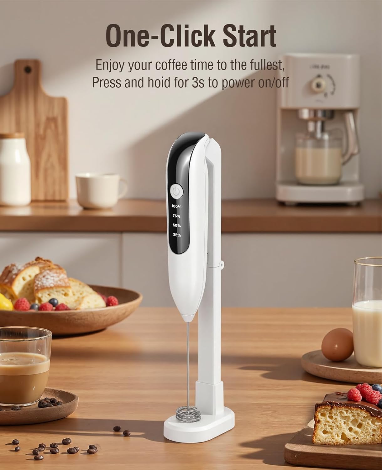 Milk Frother Handheld: LED & Wireless Charge, 3 Heads 3 Speeds -Cloud White