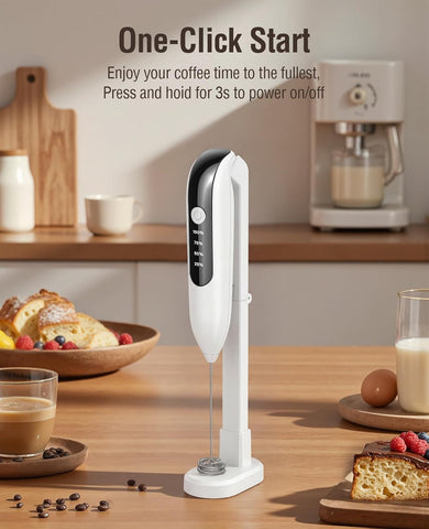 Milk Frother Handheld: LED & Wireless Charge, 3 Heads 3 Speeds -Cloud White