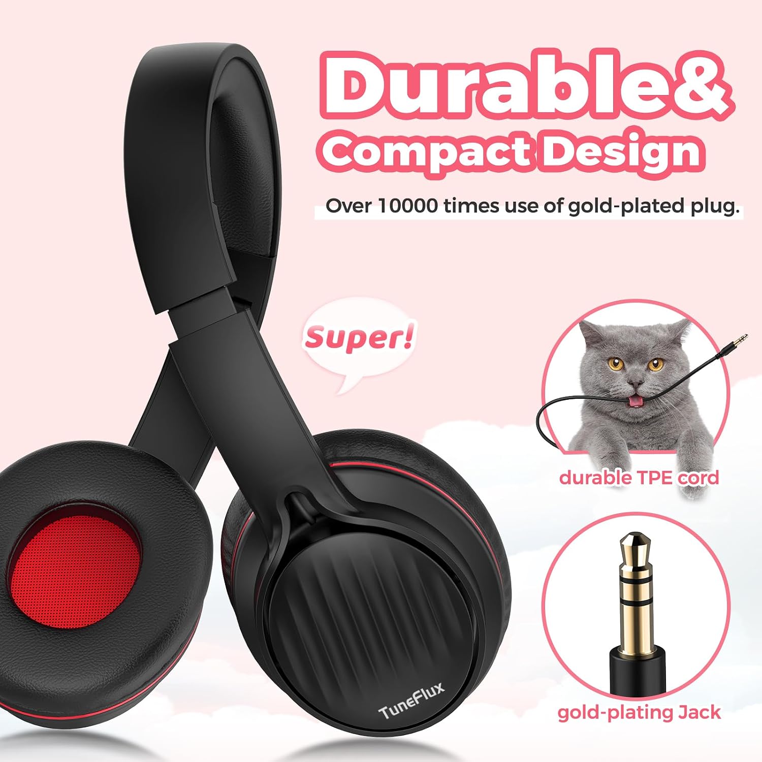 TuneFlux Kids Headphones with Cord for School, 85dB, 3.5mm Jack-Black Red