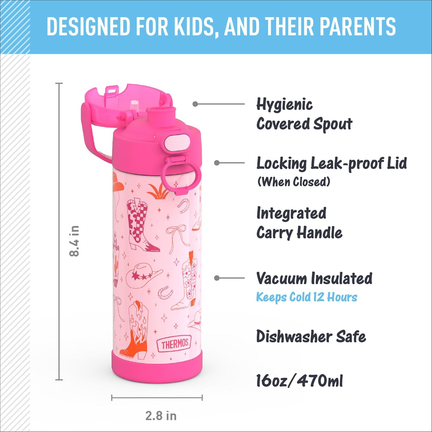 THERMOS FUNTAINER Water Bottle with Spout, 16oz, Cowgirl Charm