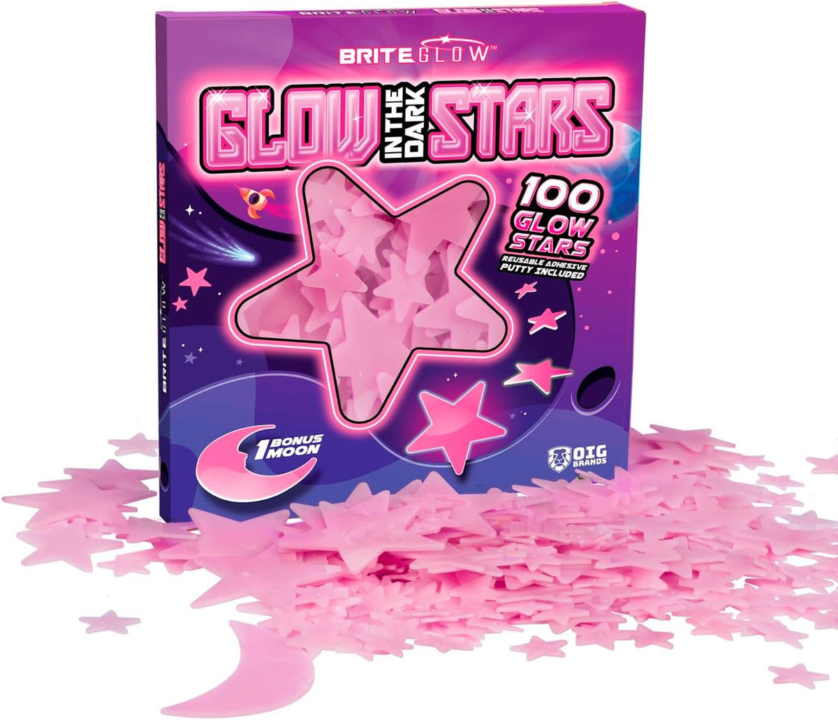 100PK Pink Glow in The Dark Stars for Ceiling Easter Basket Stuffers for Kids - Star Brite Plastic Glow Stars with Moon & Putty Ages 4,5,6,7,8,9,10,11,12 for Bedroom Space Night Light Room Non-Toxic