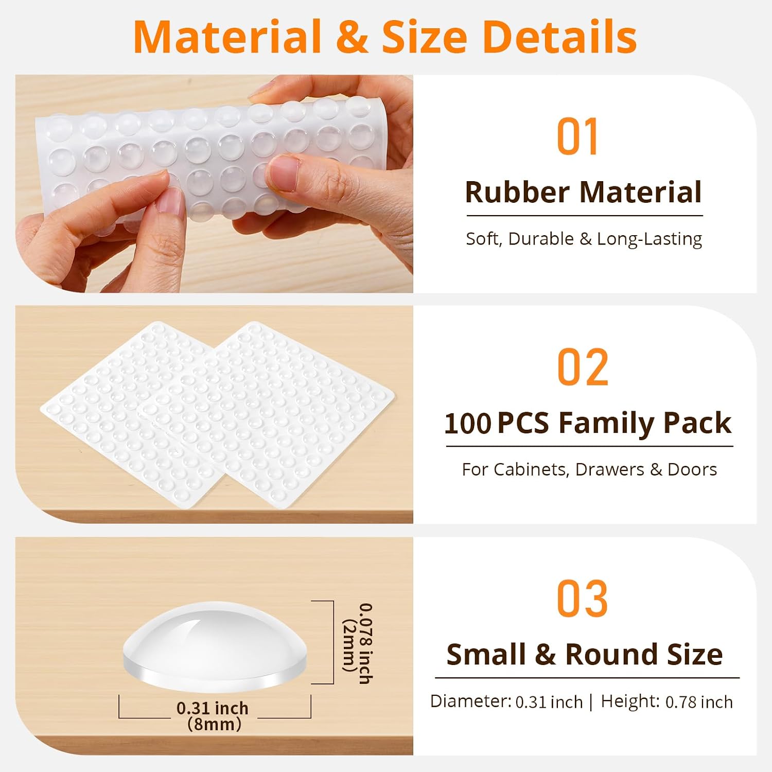 CHUNZEXI 100 PCS Clear Cabinet Door Bumpers, 5/16 Inch Round Rubber Pads