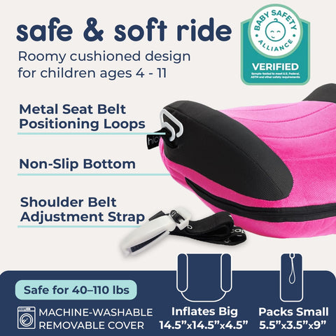 UberBoost Inflatable Booster Seat for Car, Travel Booster Seat, Pink/Black