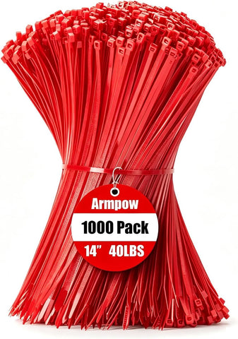 Armpow 14 Inch Zip Ties Red 1000 PCS, 40 Lbs- Heavy Duty Tensile Strength, Nylon PA66 UV Resistant Cable Ties for Indoor and Outdoor Use - Ideal for object bundling and fastening