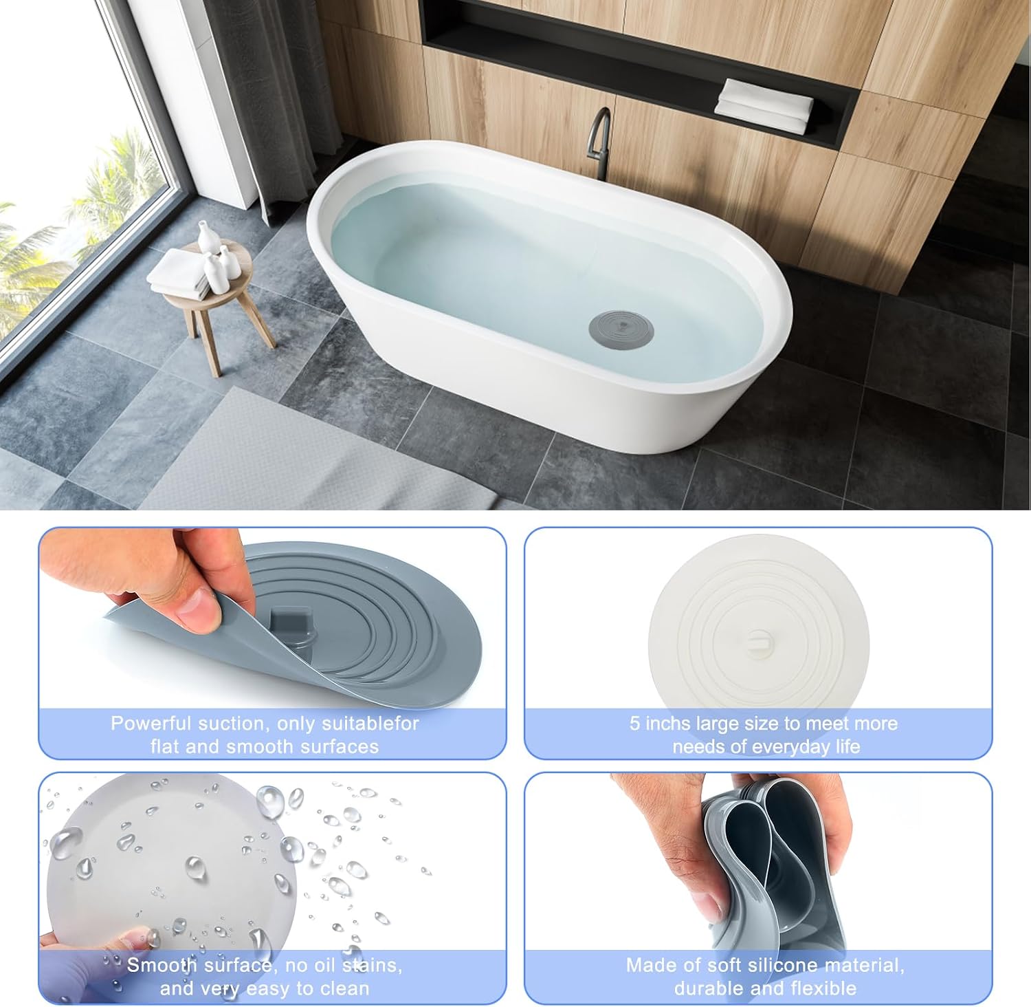 V-TOP Bathtub Drain Stopper 2 Pack, 5 inches Silicone Tub Stopper Shower Drain Cover, Bath Tub Plug Hair Stopper,Universal Flat Suction Renter Friendly Bath Accessories (White&Grey, 5 inch)