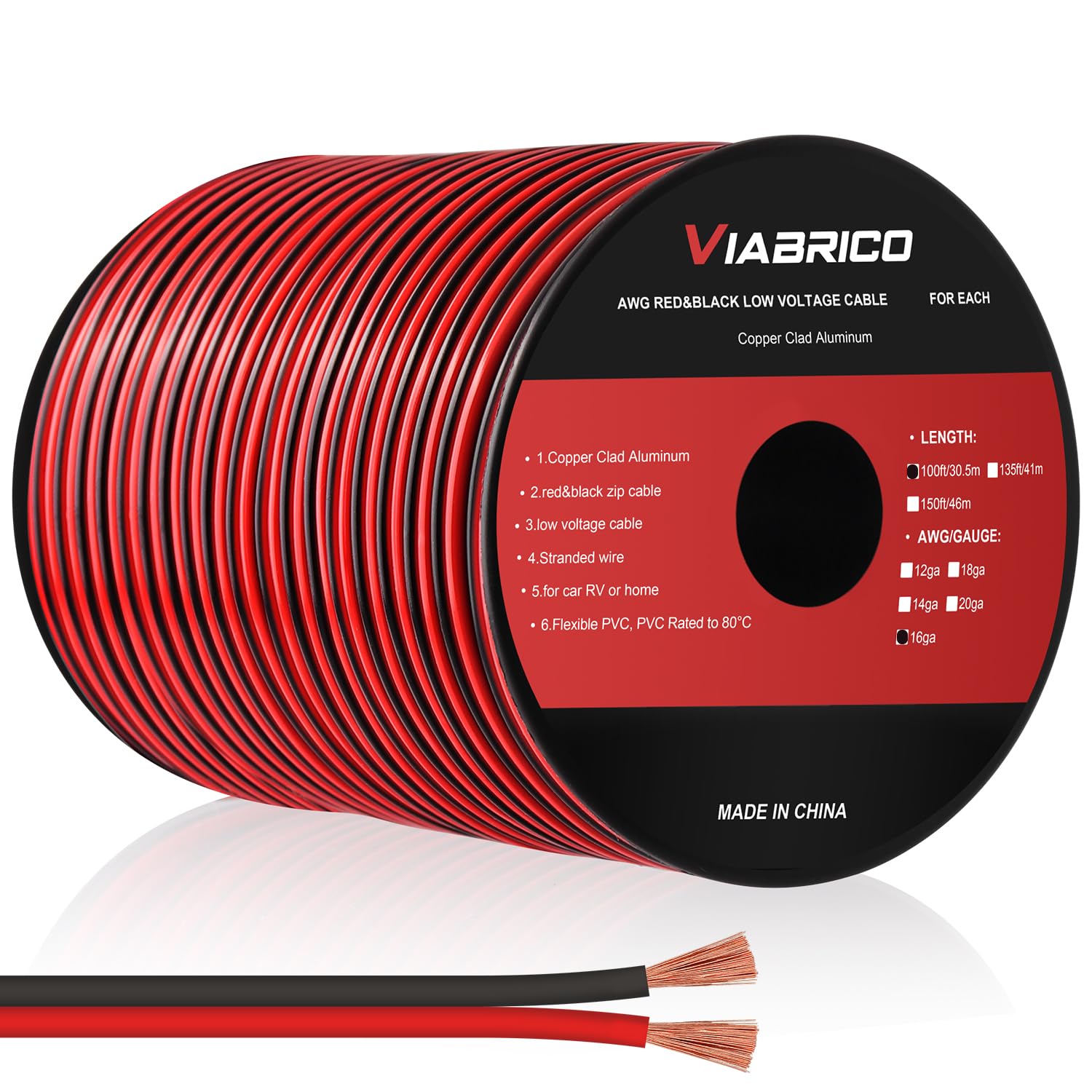 VIABRICO 100FT 16 Gauge Wire, 16AWG Automotive Wire 2 Conductor 12V Cable