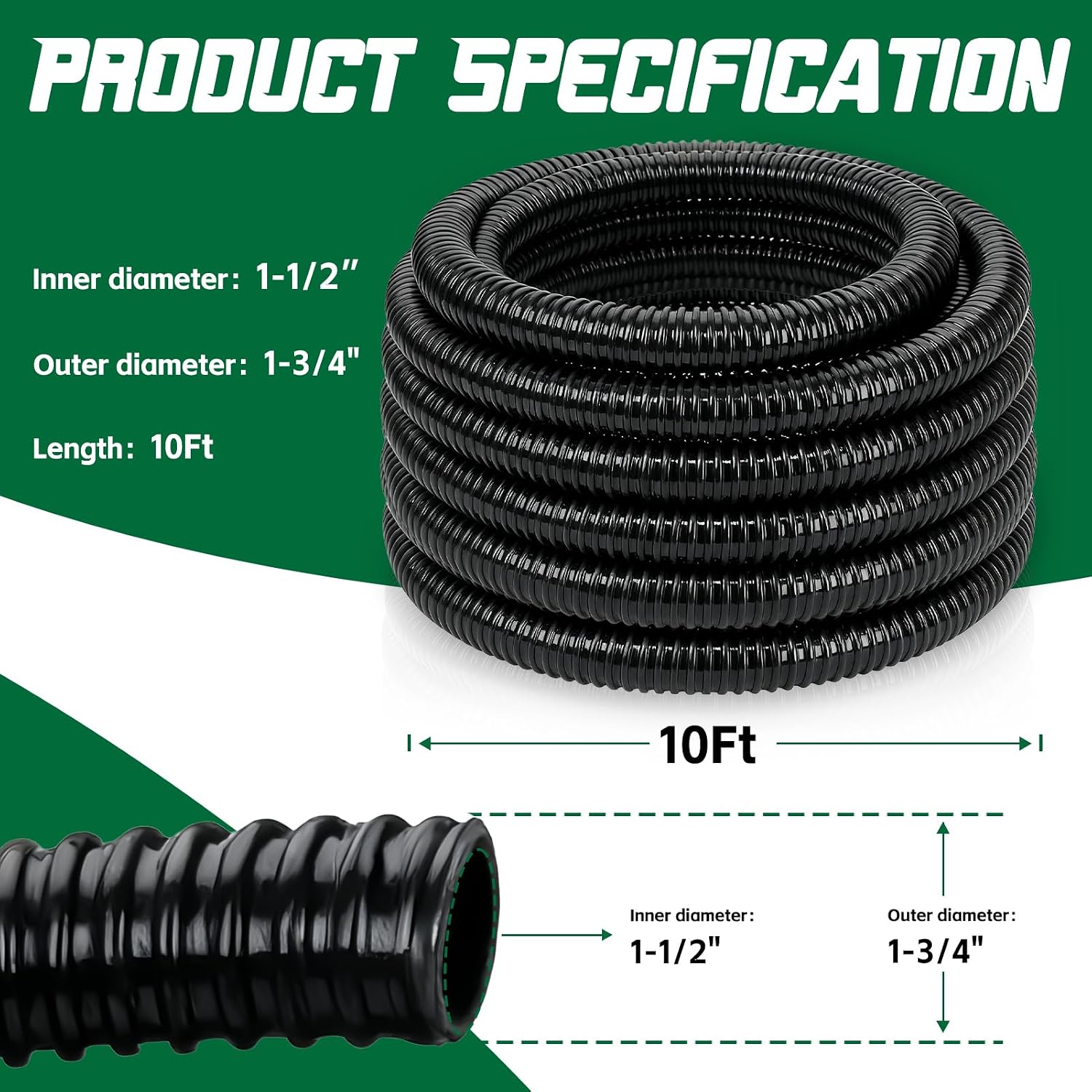 Pond Tubing 1-1/2” × 10 Feet Black Flexible PVC Pond Hose,Garden Pond PVC Tube - Reinforced, Kink-Resistant Tubing for Pumps, Fountains & Waterfalls, with 4 Clamps,1-1/2" Dia