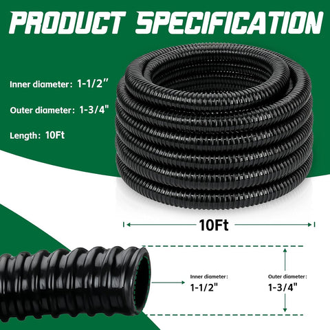 Pond Tubing 1-1/2” × 10 Feet Black Flexible PVC Pond Hose,Garden Pond PVC Tube - Reinforced, Kink-Resistant Tubing for Pumps, Fountains & Waterfalls, with 4 Clamps,1-1/2" Dia