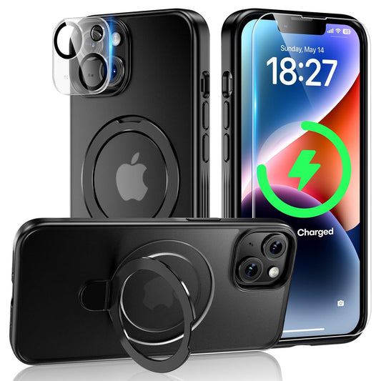 TAURI 5-in-1 Magnetic for iPhone 13 Case for iPhone 14 Case with Built-in Stand, [Designed for Magsafe] with 2 Screen Protector +2 Camera Lens Protector, Shockproof Magnetic Kickstand Slim, Black