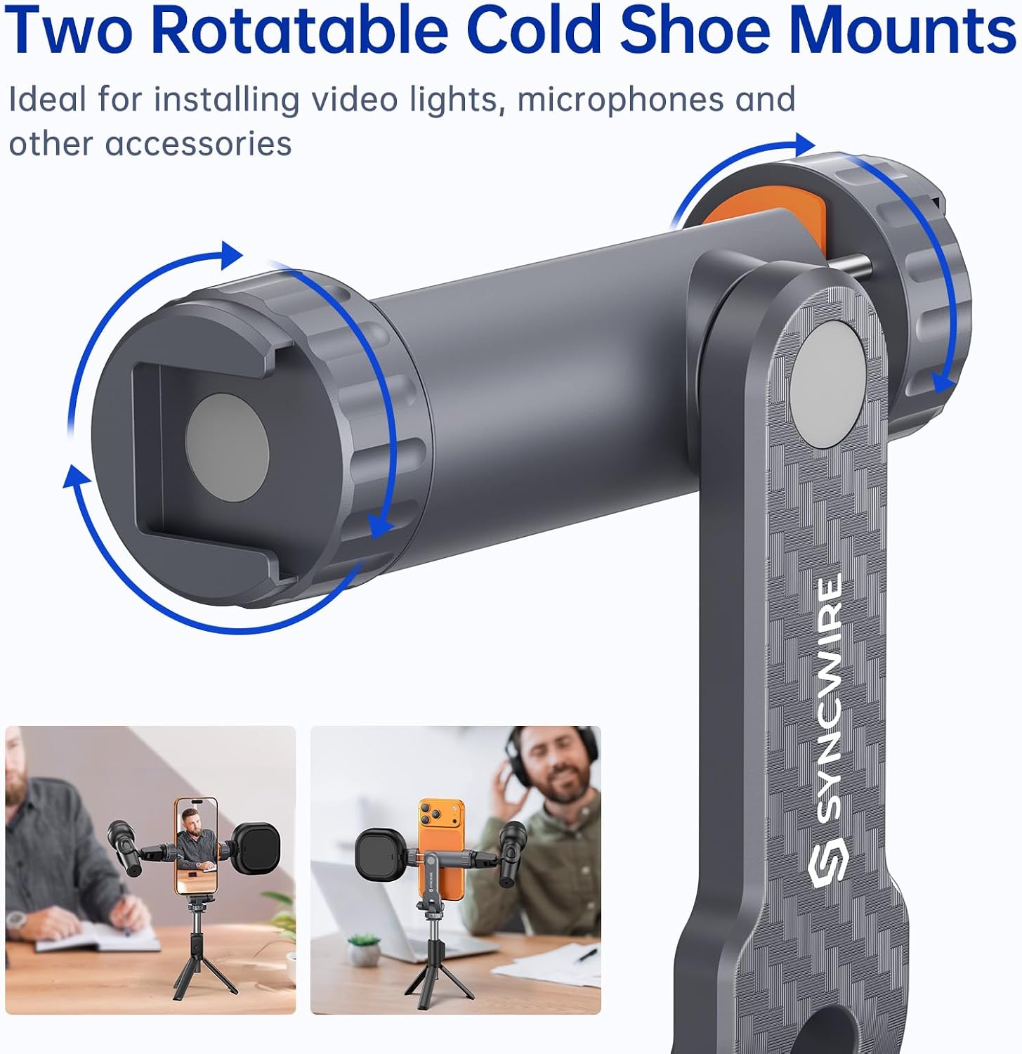 SYNCWIRE Tripod Phone Mount, Universal Smartphone Mount Adapter with 2 Cold Shoe and 1/4" Screw, 360° Rotates and 180° Tilts Adjustable Cell Phone Clamp Holder for Enhancing Mobile Photography Setup