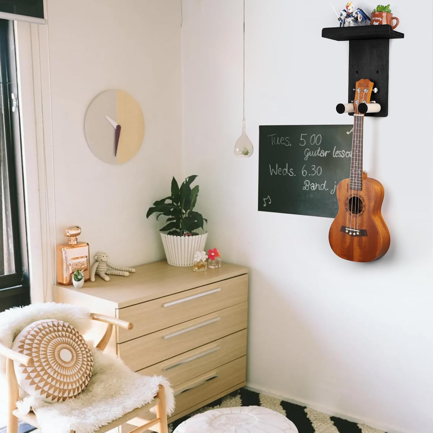 Keebofly Guitar Wall Mount - Single Pack, Wall Hanger with Pick Holder - Guitar & Ukulele Rack, Rustic Wood Black, Patented