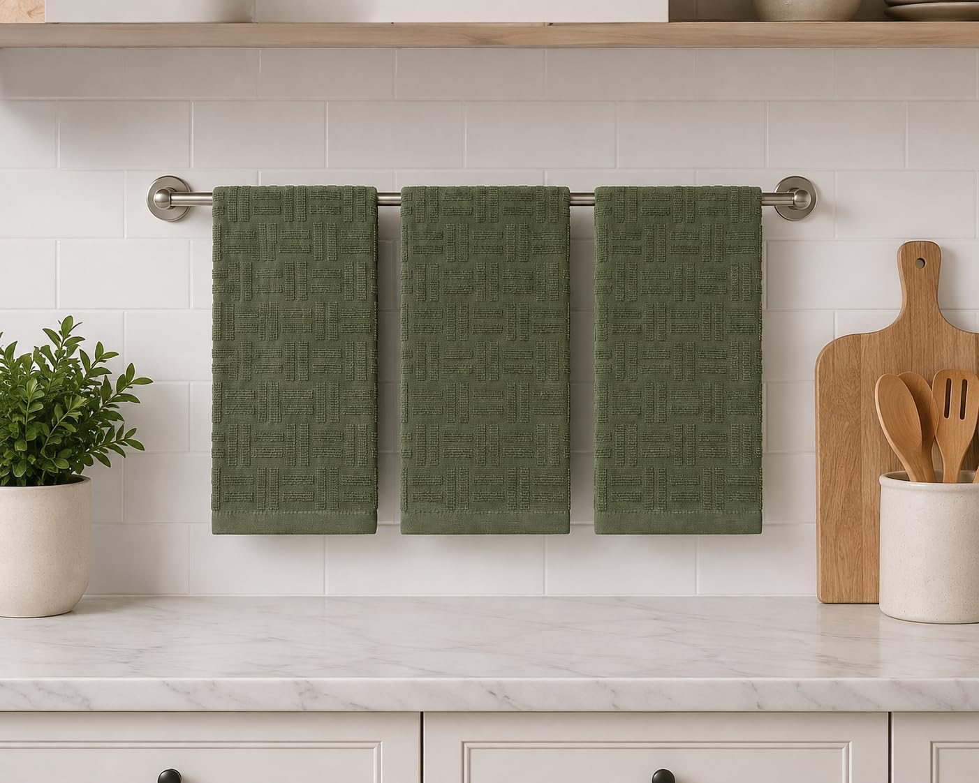 Olive Green Kitchen Hand Dish Towels, Set of 3, 100% Cotton, 18" x 28"