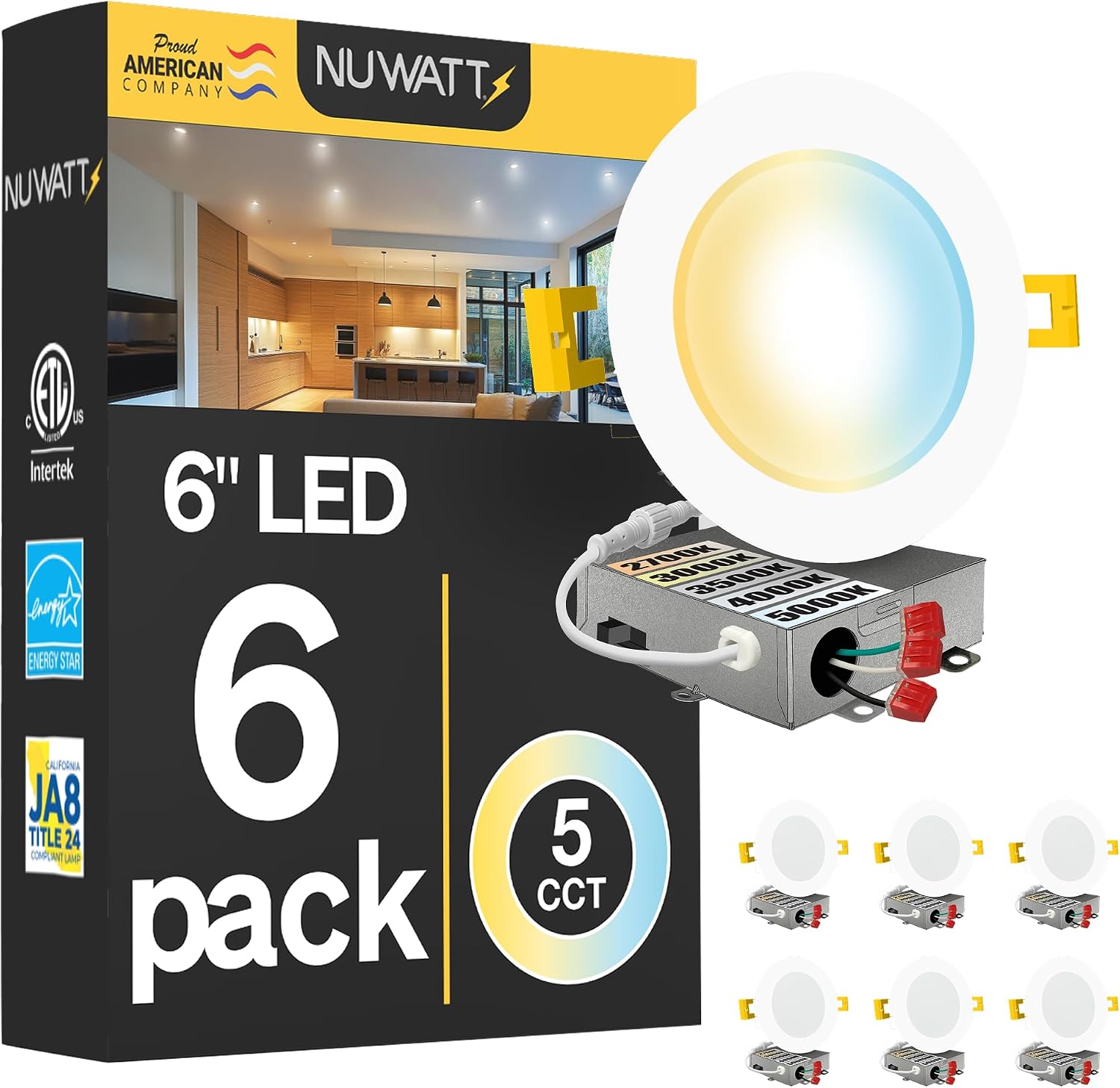 NUWATT Canless Recessed Lighting 6 Inch, 2700K-5000K, Dimmable, ETL, 6 Pack