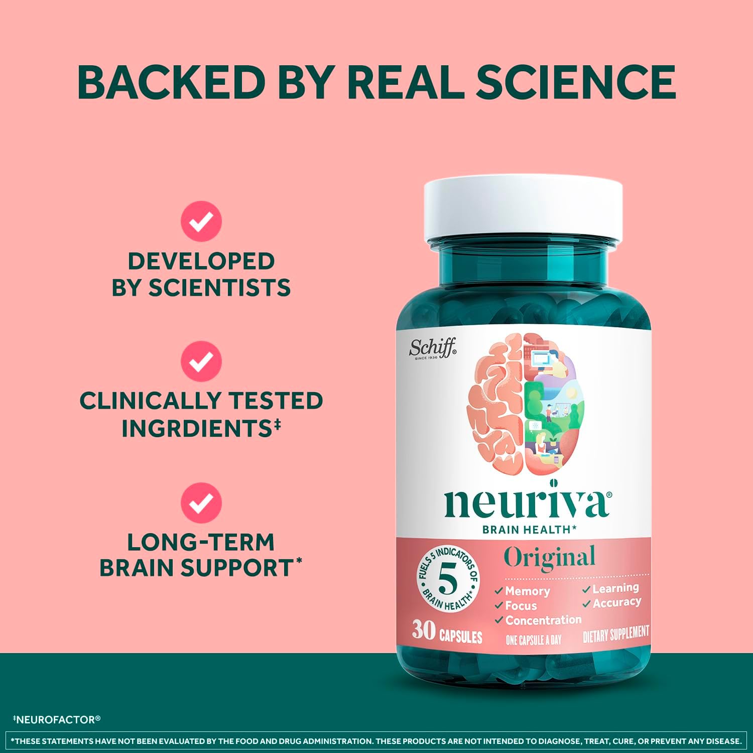 NEURIVA Original Brain Supplement for Memory, Focus & Concentration + Learning & Accuracy with Clinically Tested Nootropics Phosphatidylserine and Neurofactor, Caffeine Free, 30ct Capsules (3 Pack)
