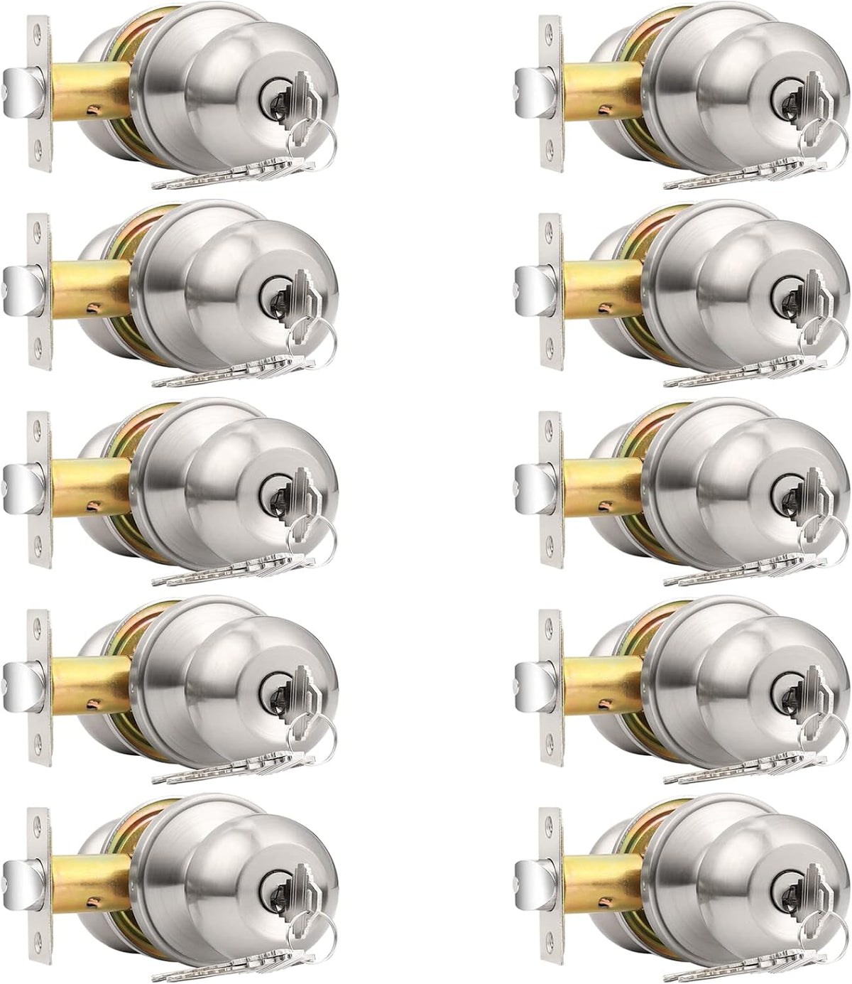Probrico 10 Pack Keyed Alike Entry Knobs with Keys, Brushed Nickel Ball Door Knobs Entrance Lockset, Single Cylinder Door Lock
