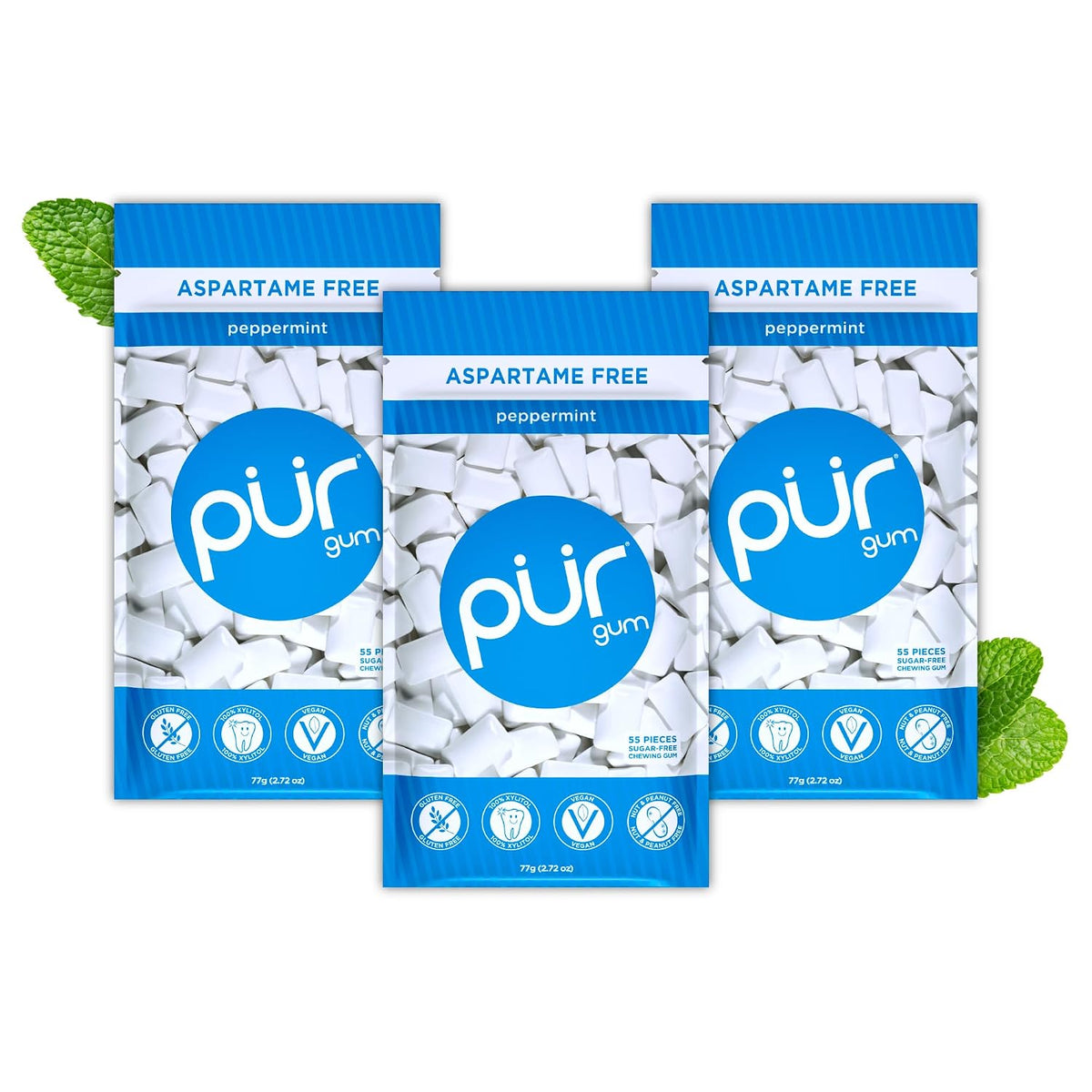 PUR Gum, Peppermint, Xylitol Gum, No Artificial flavour, 165 Count (3x55)