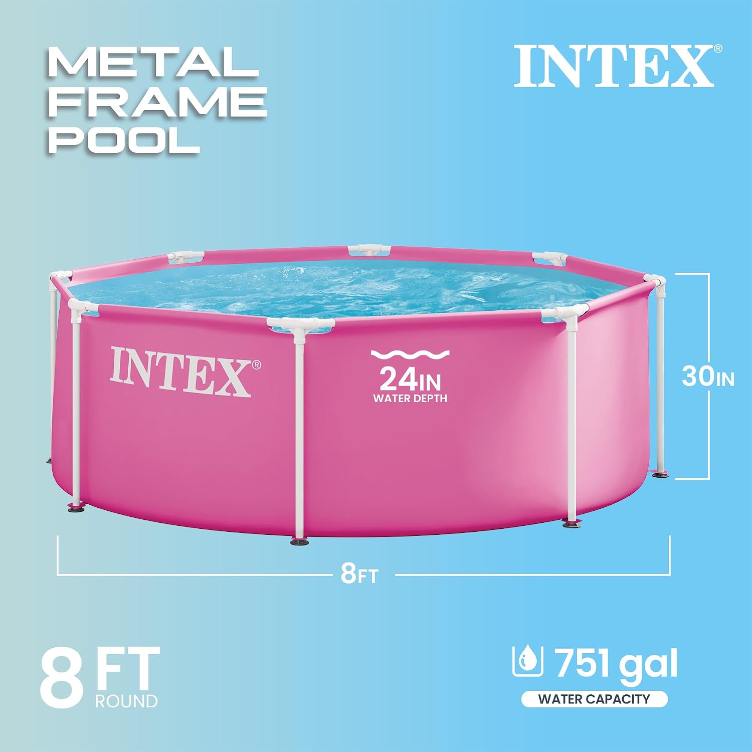 INTEX Metal Frame 8ft x 30in Round Above Ground Swimming Pool, Pink