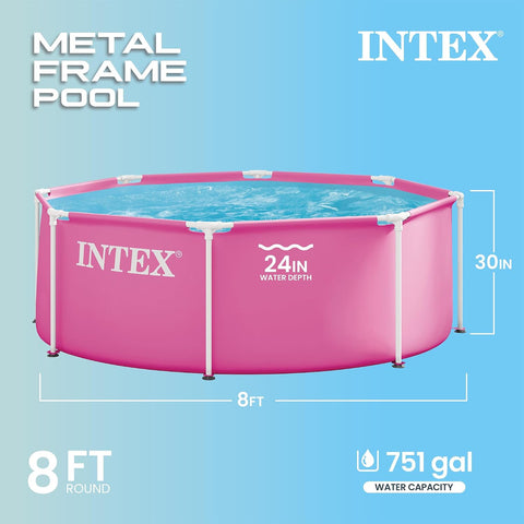 INTEX Metal Frame 8ft x 30in Round Above Ground Swimming Pool, Pink