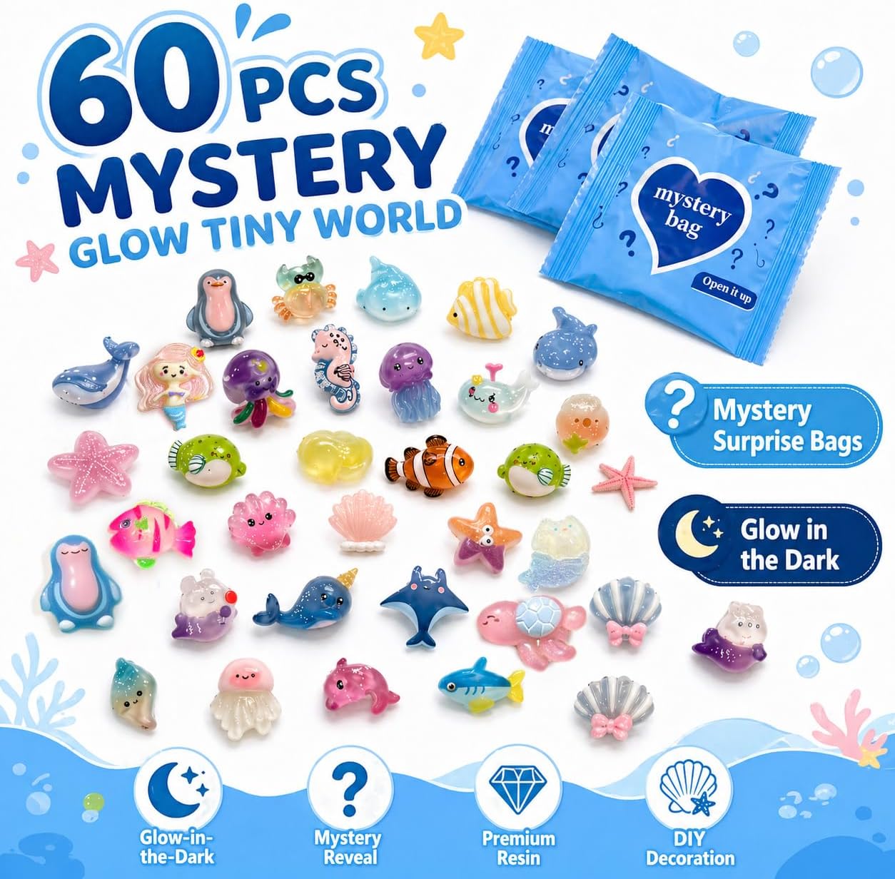 60 PCS Glow in the Dark Mini Resin Sea Animal Mystery Bags