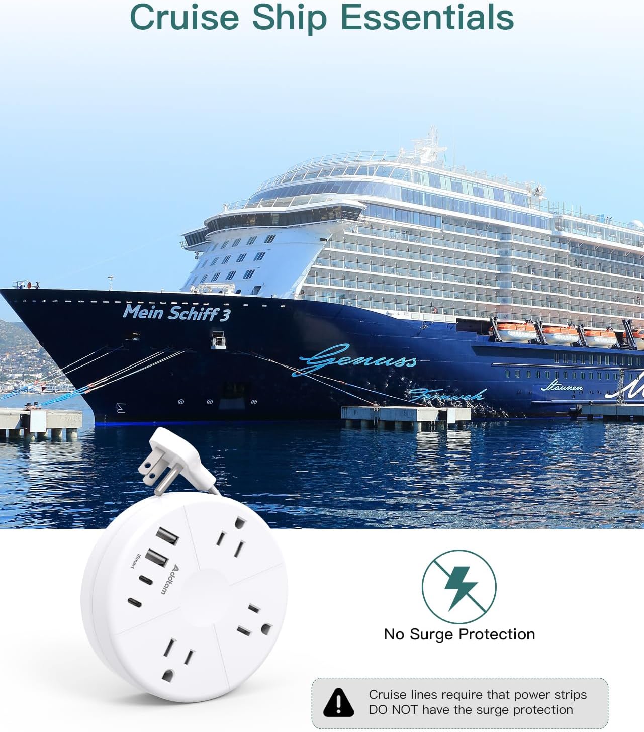 Travel Power Strip - Cruise Ship Essentials with 3ft Retractable Cord