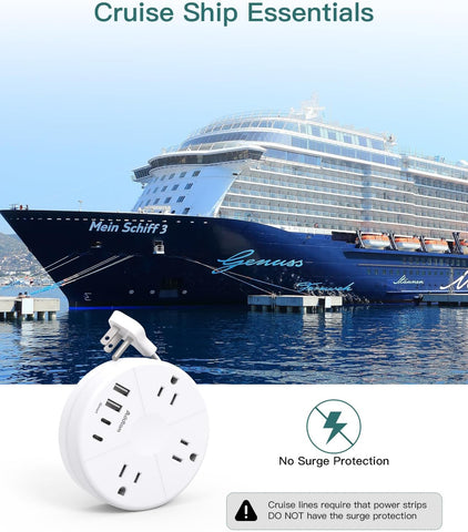 Travel Power Strip - Cruise Ship Essentials with 3ft Retractable Cord