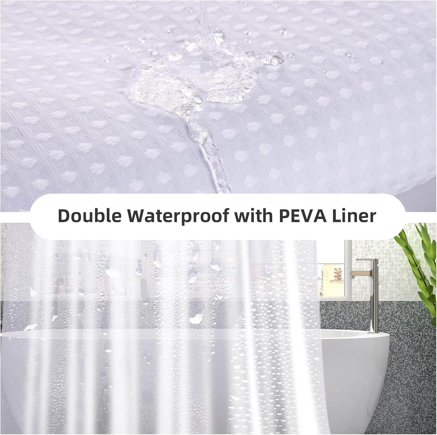 LaCyan Waterproof Waffle Shower Curtain, 258GSM Heavy Duty 3 Piece Set with Clear Liner and 6 Stainless Steel Hooks, Polyester Fabric Shower Curtains for Bathroom, Machine Washable, 36x72 Inch, White