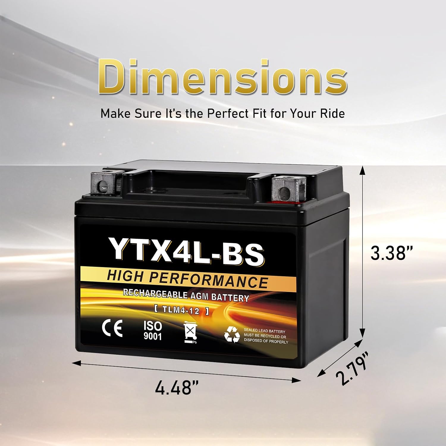 YTX4L-BS 12V 3Ah Sealed AGM Motorcycle Battery, Maintenance-Free, Compatible with Polaris Scrambler 90, Sportsman 90, Honda NQ50 Spree, Kawasaki KLX110, Yamaha TTR125E/LE, ATV & Scooter