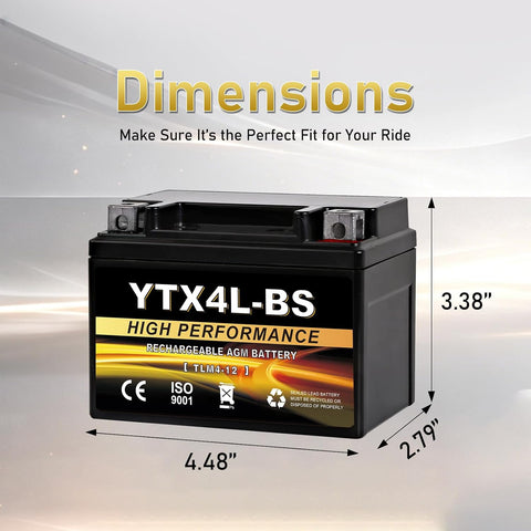 YTX4L-BS 12V 3Ah Sealed AGM Motorcycle Battery, Maintenance-Free, Compatible with Polaris Scrambler 90, Sportsman 90, Honda NQ50 Spree, Kawasaki KLX110, Yamaha TTR125E/LE, ATV & Scooter