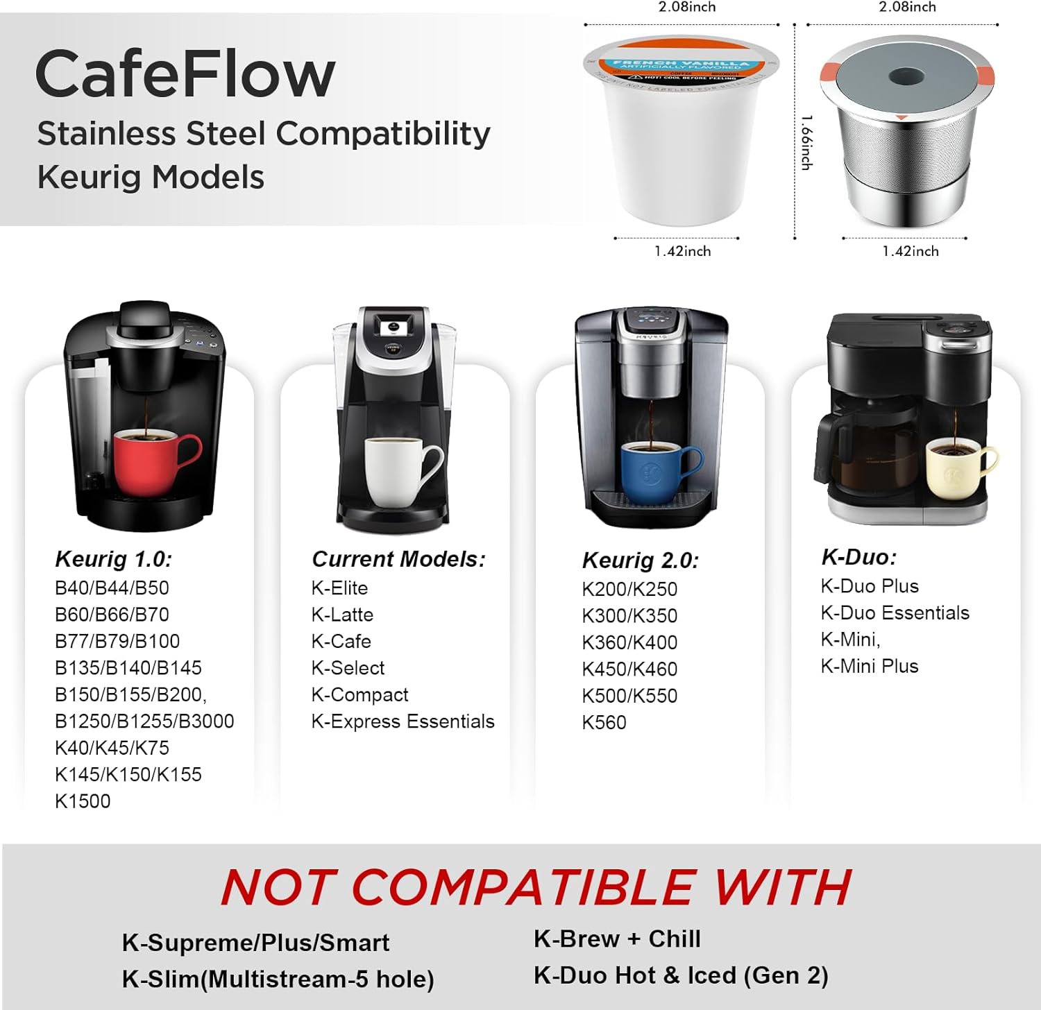 Noalto Reusable K Cups and Coffee Pods,Universal stainless steel k Cups for Keurig 2.0 and 1.0 Coffee Makers machine(2pack)