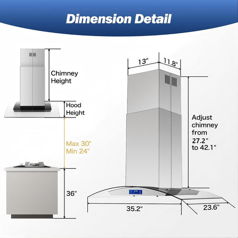 Tieasy Island Range Hood 36 inch 700 CFM Ceiling Mount Kitchen Stove Hood Ducted with Tempered Glass 4 LED Lights Touch Control 3 Speed Fan Permanent Filters