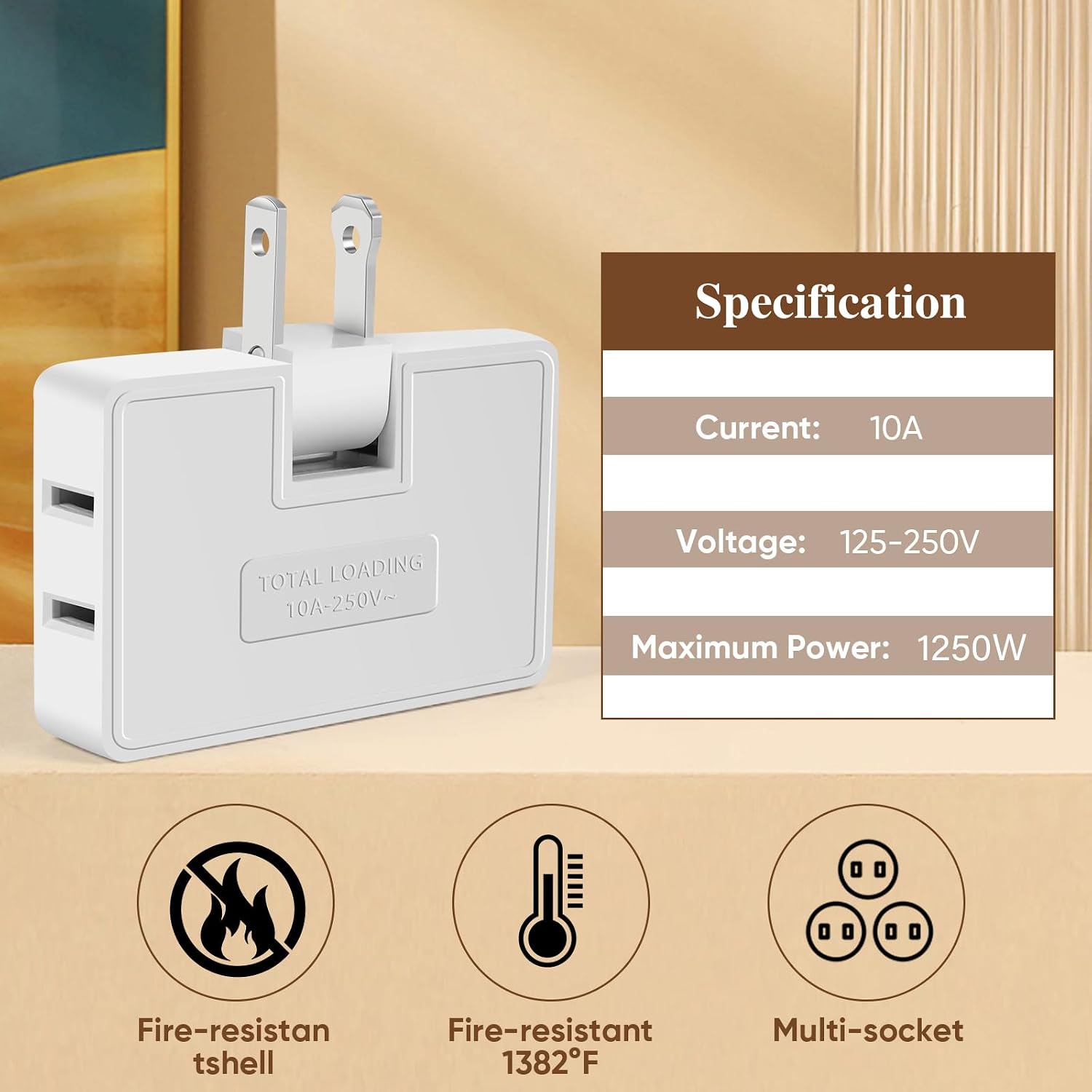 2 Pack 3 Way Flat Wall Outlet Extender Adapter- 180 Degrees Rotatable Flat Plug AC Adapter, 2 Prong Foldable Swivel Outlet Extender, Outlet Splitter for Behind Furniture (White, Type A)