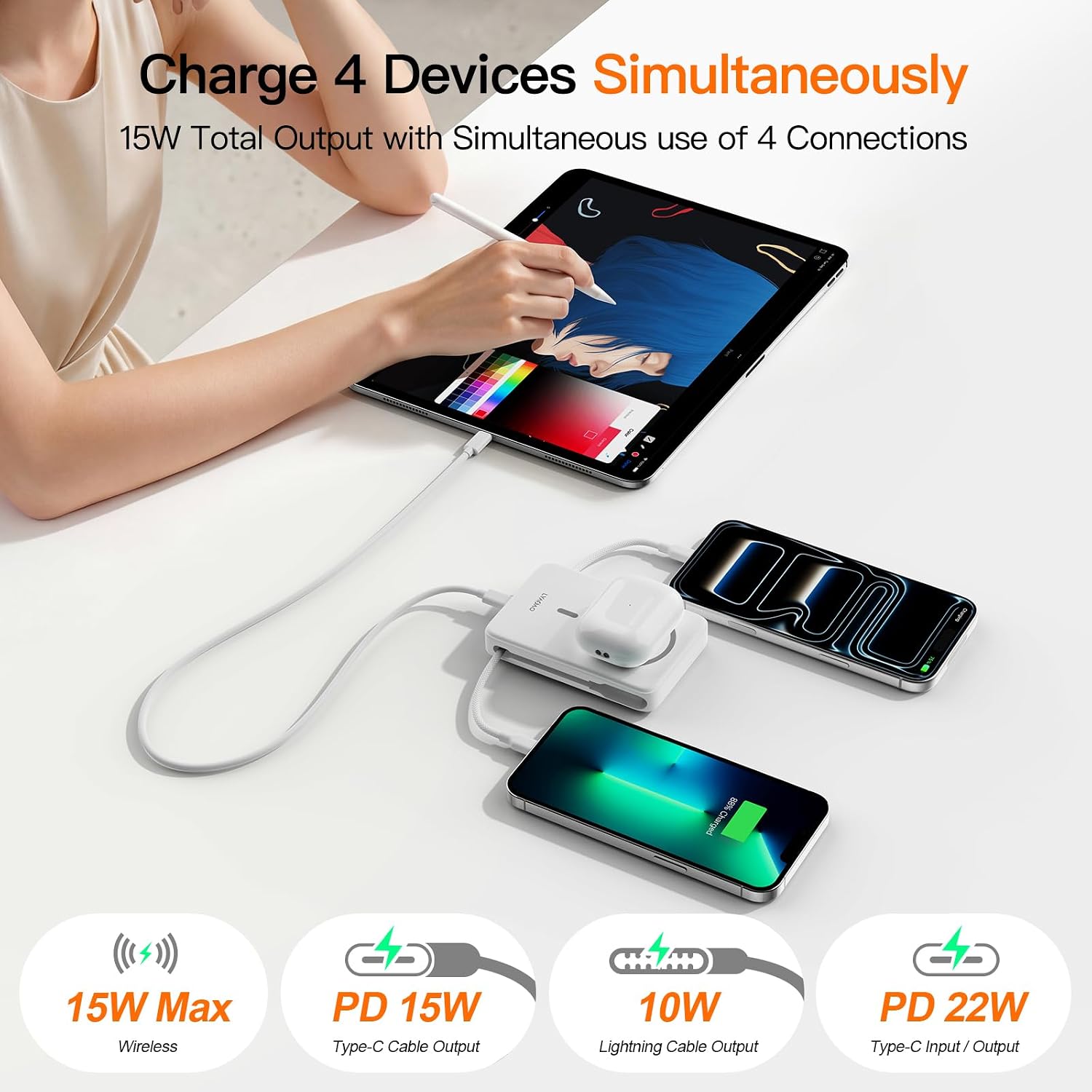 Magnetic Portable Charger 10000mAh, 22.5W Power Bank with Built in Cable