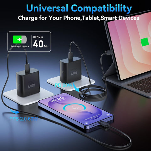 60W USB C Charger Super Fast Charging 3.0 for Samsung Galaxy S26 Ultra, Type C Charger Block with 6.6 FT Long USB C Fast Charging Cable for Samsung Galaxy S26 Ultra/S26/S26+/S25 S24 S23 S22
