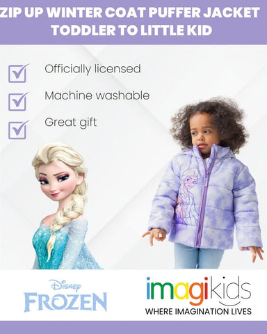Disney Frozen Girls Zip Up Puffer Jacket Toddler to Little Kid Sizes (2T - 7-8)