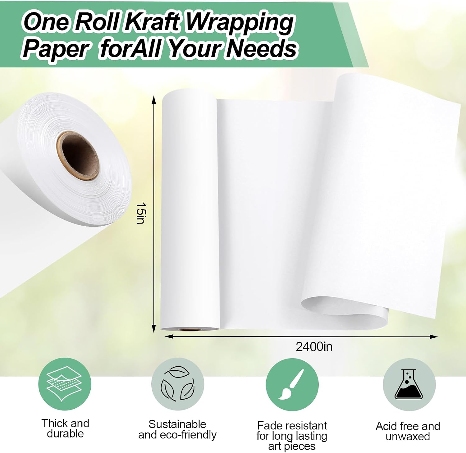 Phinus Craft Paper Roll 15''×2400'', Industrial-Grade Kraft Paper Roll, White Easel Paper Roll for Kids for Moving, Gift Wrapping, Wall Art, Table Runner, Floor Covering, Packing, Bulletin Board Paper