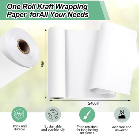 Phinus Craft Paper Roll 15''×2400'', Industrial-Grade Kraft Paper Roll, White Easel Paper Roll for Kids for Moving, Gift Wrapping, Wall Art, Table Runner, Floor Covering, Packing, Bulletin Board Paper